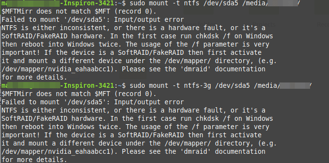 NTFS – Failed to mount ‘/dev/sdax’: Input/output error