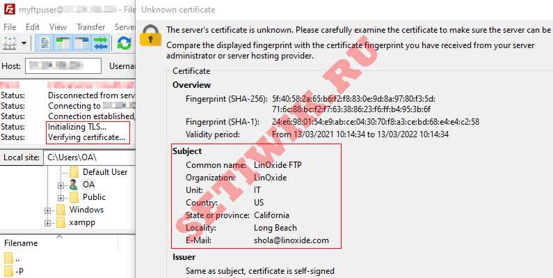 Безопасное FTP соединение по протоколу TLS