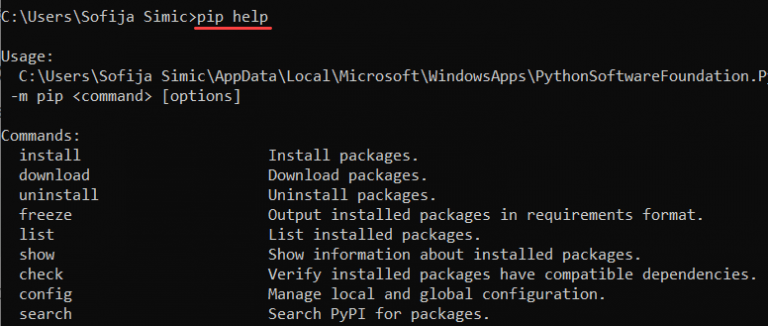 Проверка установки pip в ОС Windows