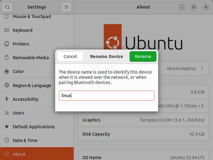 Изменить имя компьютера в Ubuntu с помощью графического интерфейса