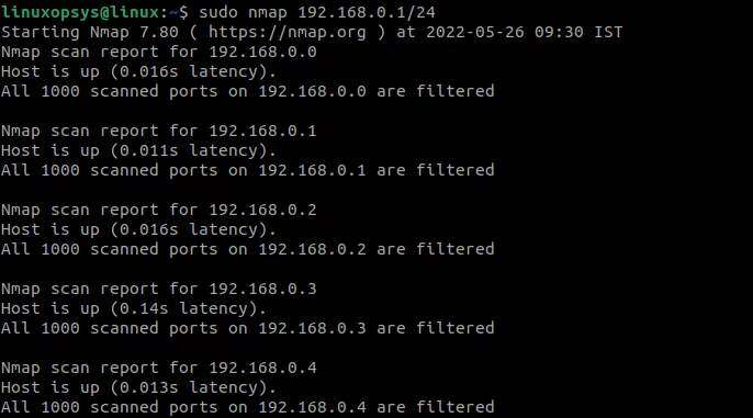 Ping-сканирование IP-адресов в подсети с помощью Nmap