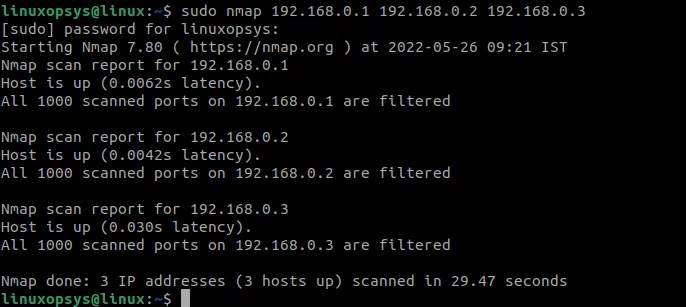 Сканирование нескольких IP-адресов в Nmap
