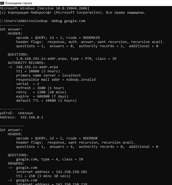 Пример 5 Проверка связанности DNS c помощью nslookup