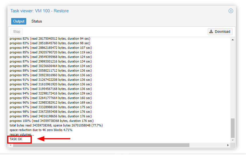 Восстановление VM Proxmox завершено