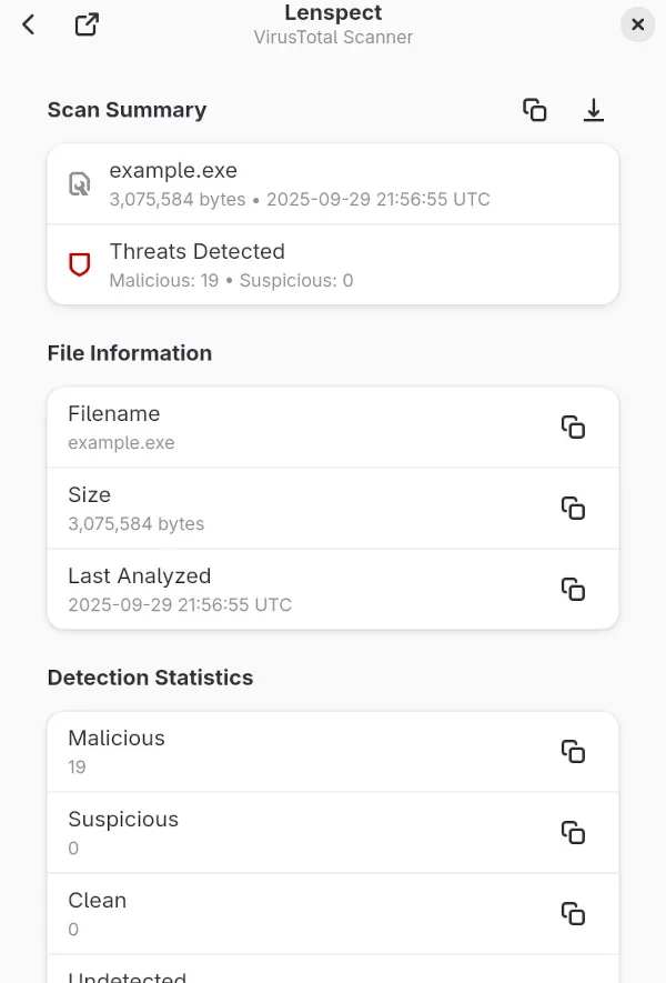 Lenspect проверяет файлы через VirusTotal