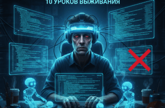 Выгорание разработчика при AI-кодинге — человек в нейрошлеме среди экранов с кодом