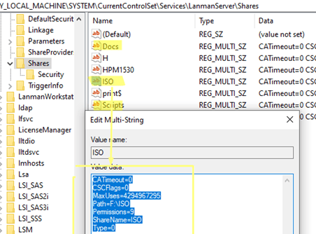 На изображении показан фрагмент окна редактора реестра Windows с разделом «Shares». Видны параметры и значения различных общих папок.